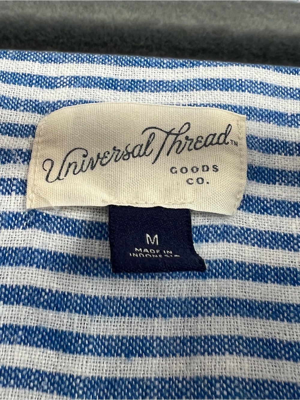 Linen Cotton Euro Summer Nautical Beach Blue White Striped Short Sleeve Blouse M - Picture 3 of 6